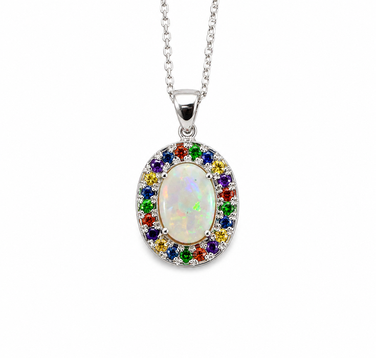 Australian opal fancy sapphires and amethyst halo white gold pendant necklace