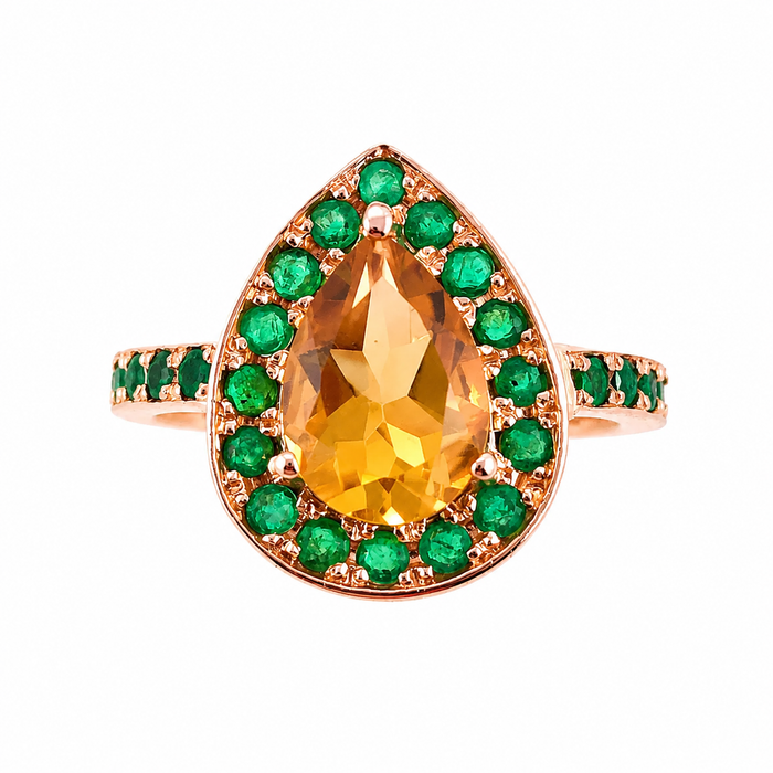 Citrine pear and emerald halo rose gold alternative engagement ring - Customise size, halo gemstones and gold colour