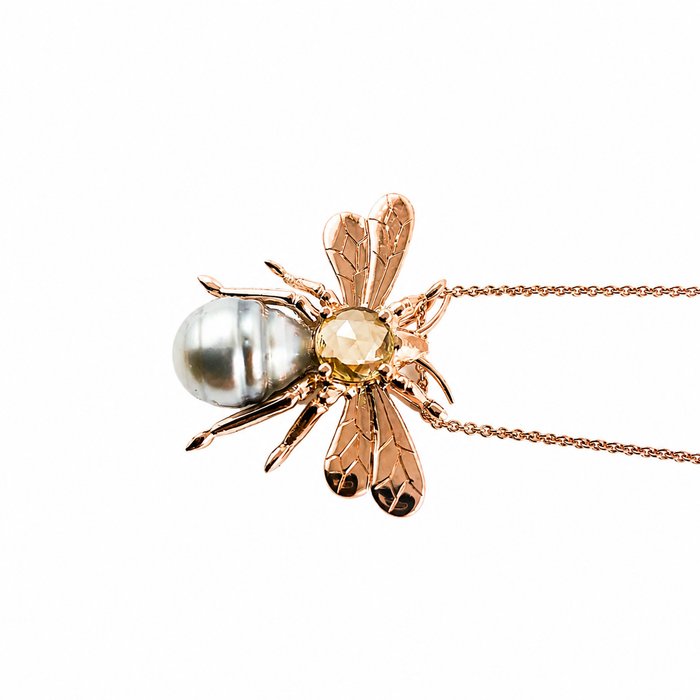 Bee insect Tahitian pearl, yellow rose cut sapphire, 14k rose gold pendant necklace