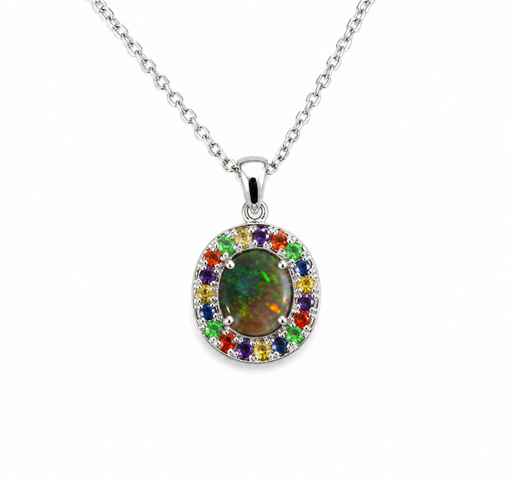 Australian opal fancy sapphires and amethyst halo white gold pendant necklace