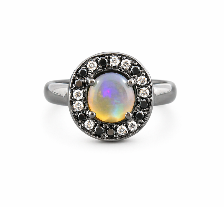 Australian jelly opal diamond black diamond halo black gold ring