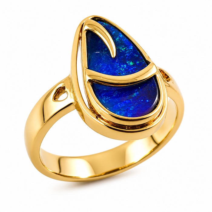 Australian blue Boulder opal organic sprout design solid yellow gold ring Size 11.5 US - Ready to ship or resize