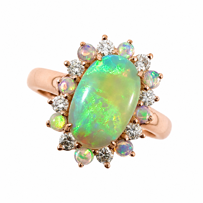Australian jelly opal diamond halo 14k rose gold ring