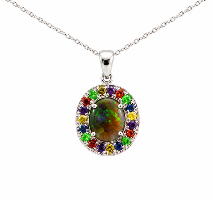 Australian opal fancy sapphires and amethyst halo white gold pendant necklace
