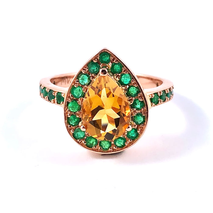 Citrine pear and emerald halo rose gold alternative engagement ring - Customise size, halo gemstones and gold colour