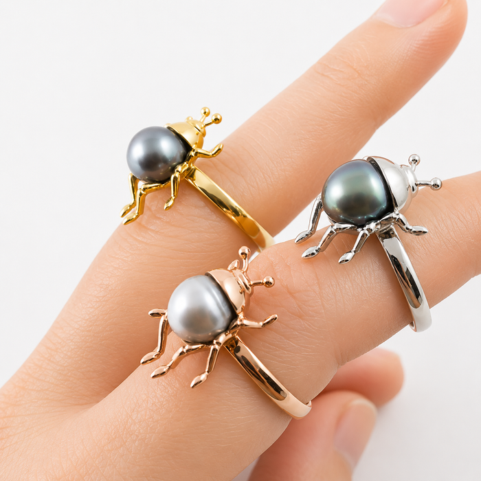 Beetle bug insect Tahitian pearl 14k yellow gold ring