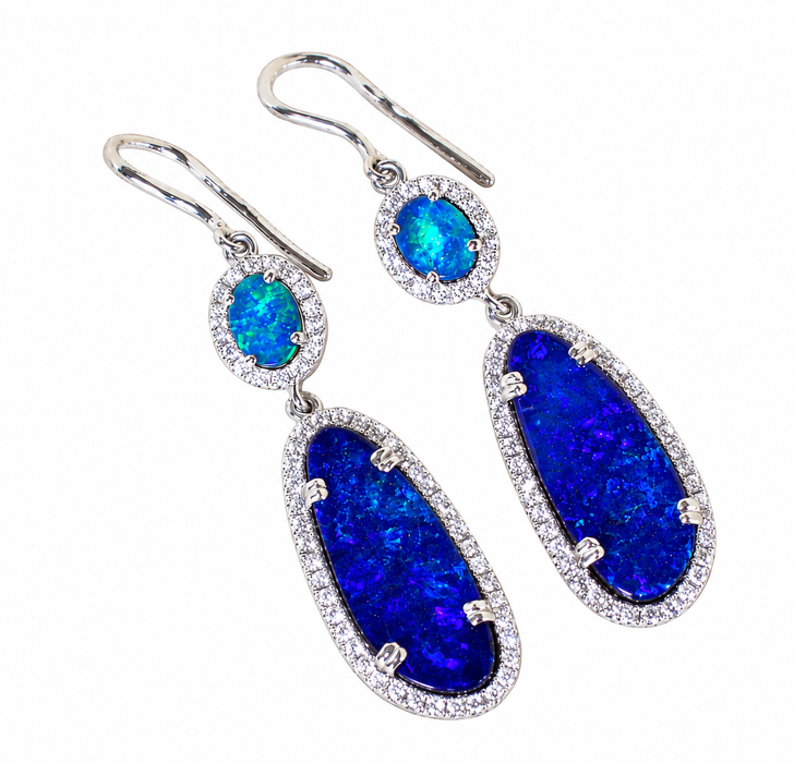 Blue opal diamond halo 925 silver dangle earrings - Ready to ship