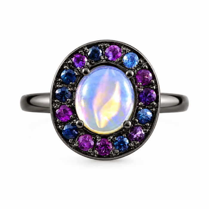 Australian jelly opal with amethyst and blue sapphire halo oxidized black gold ring