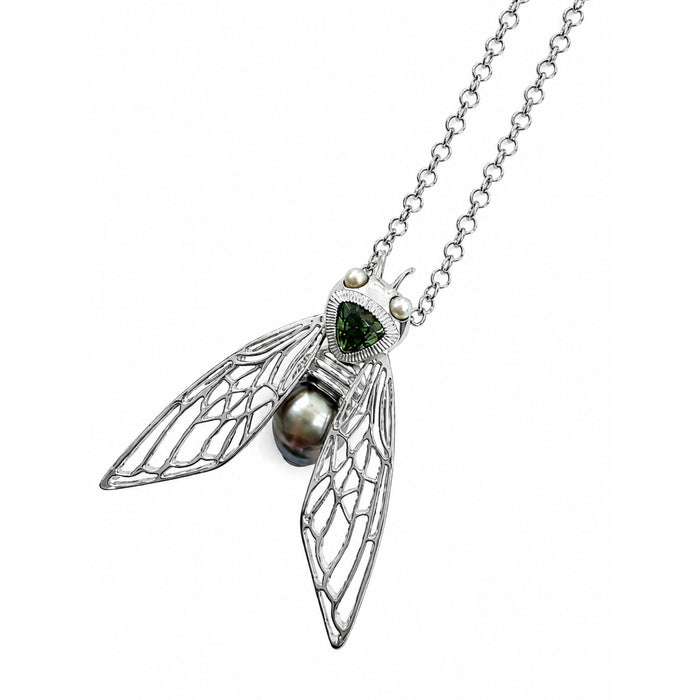 Cicada insect Tahitian pearl Australian green trillion cut sapphire rhodium plated silver pendant necklace