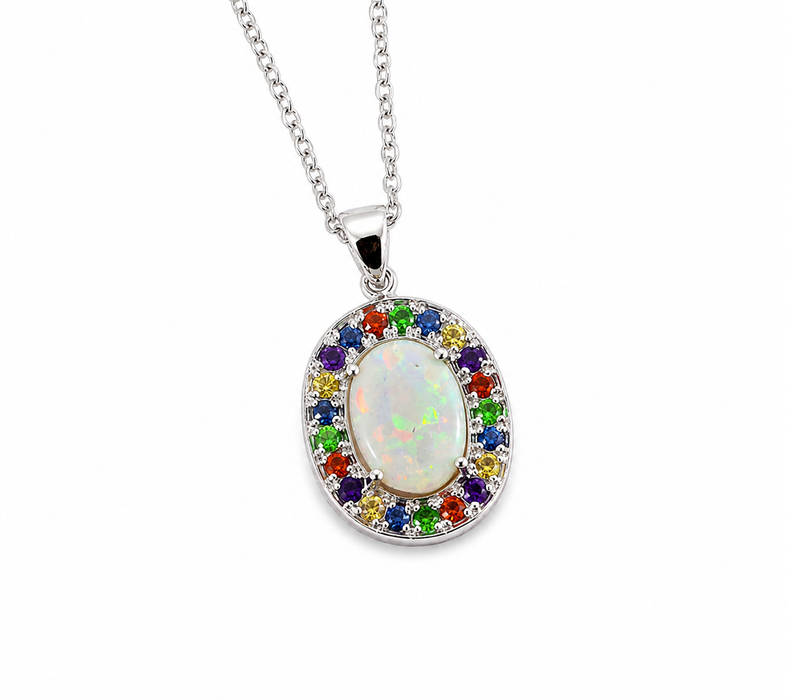 Australian opal fancy sapphires and amethyst halo white gold pendant necklace