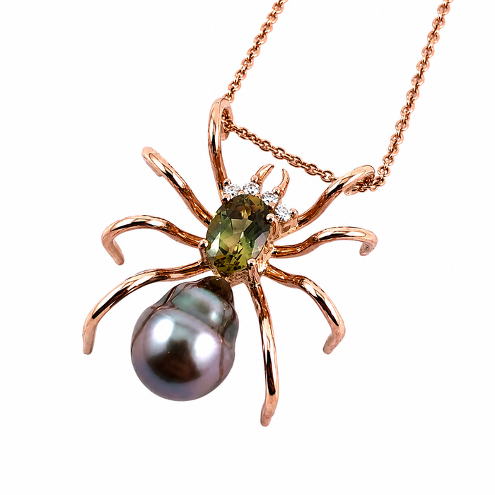 Spider arachnid insect Tahitian pearl Australian parti sapphire 14k rose gold pendant necklace