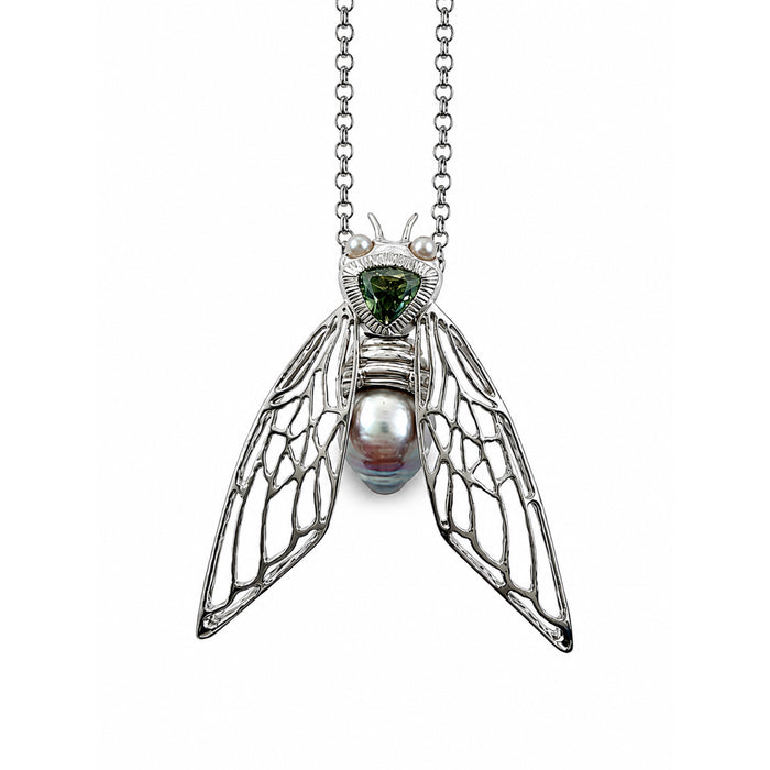 Cicada insect Tahitian pearl Australian green trillion cut sapphire rhodium plated silver pendant necklace