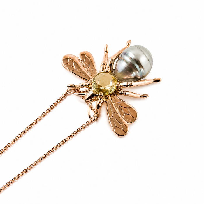 Bee insect Tahitian pearl, yellow rose cut sapphire, 14k rose gold pendant necklace