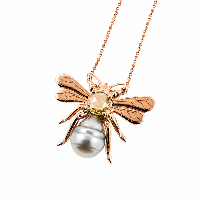 Bee insect Tahitian pearl, yellow rose cut sapphire, 14k rose gold pendant necklace