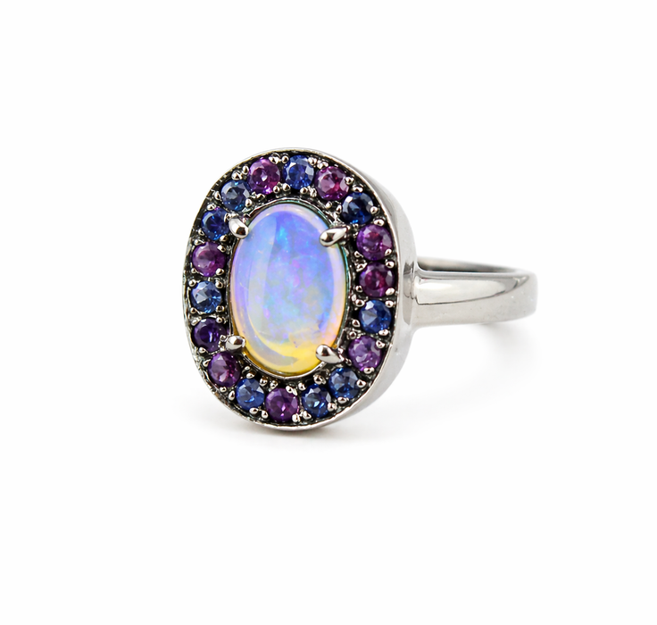 Australian jelly opal amethyst and blue sapphire halo black rhodium plated gold ring
