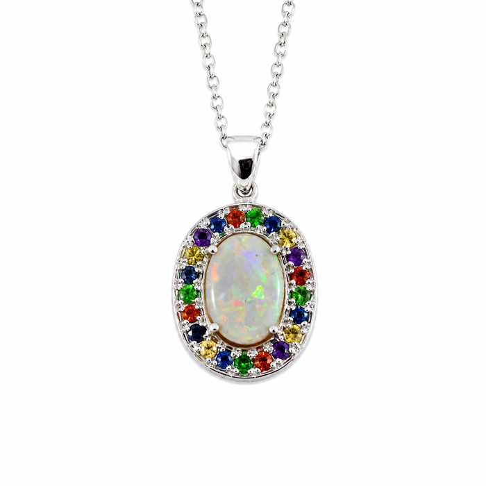Australian opal fancy sapphires and amethyst halo white gold pendant necklace