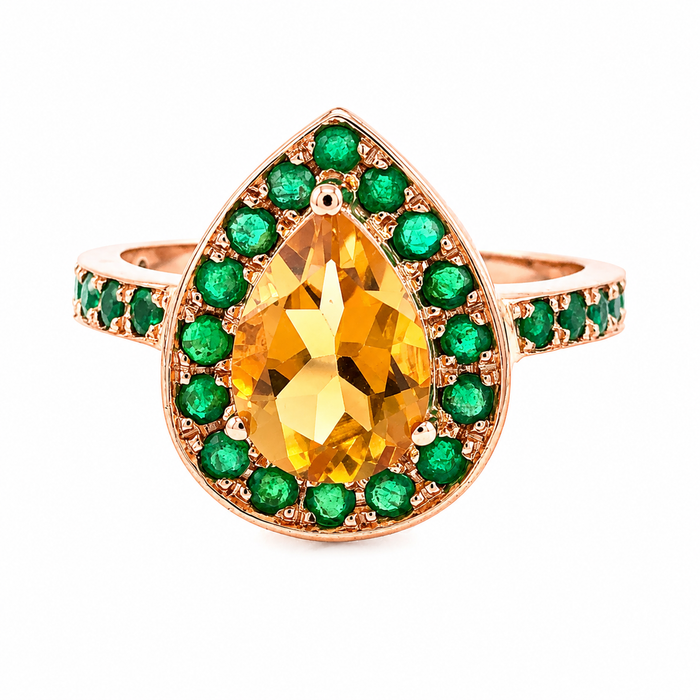 Citrine pear and emerald halo rose gold alternative engagement ring - Customise size, halo gemstones and gold colour