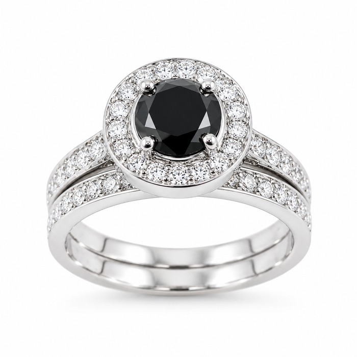 Black diamond round diamond halo 14k white gold wedding ring set