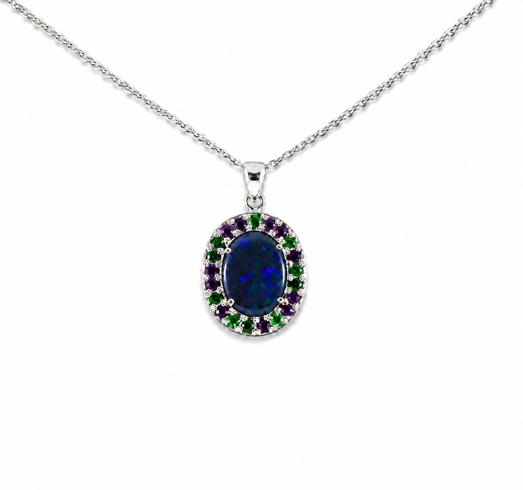 Australian opal Tsavorite garnet and amethyst halo white gold pendant necklace