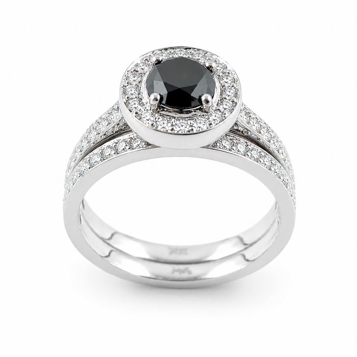 Black diamond round diamond halo 14k white gold wedding ring set