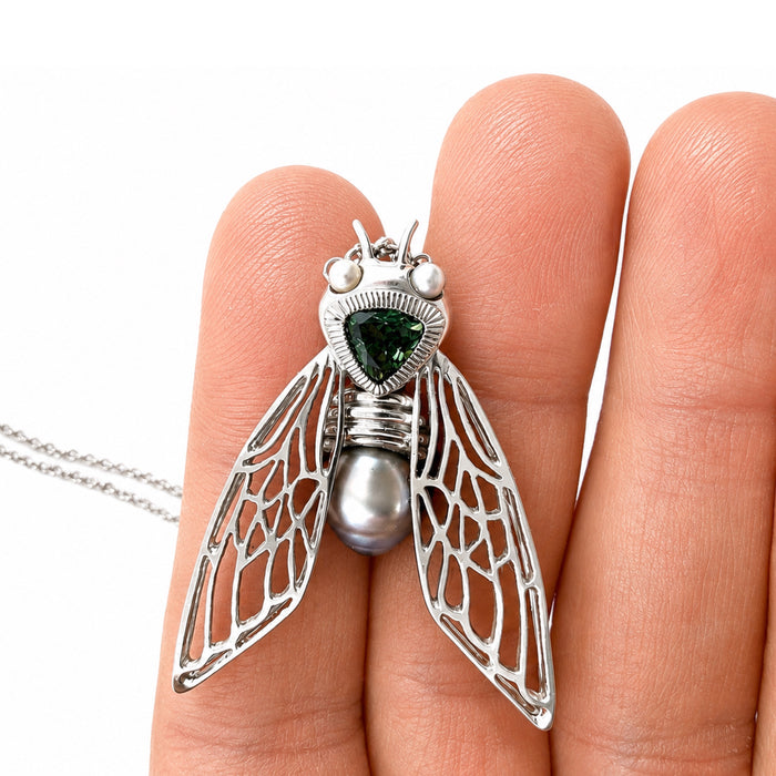 Cicada insect Tahitian pearl Australian green trillion cut sapphire rhodium plated silver pendant necklace