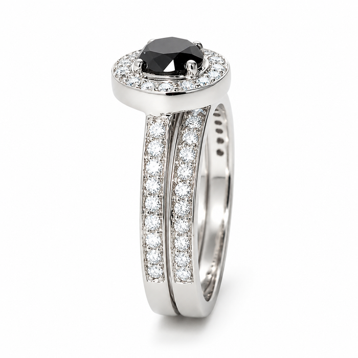 Black diamond round diamond halo 14k white gold wedding ring set
