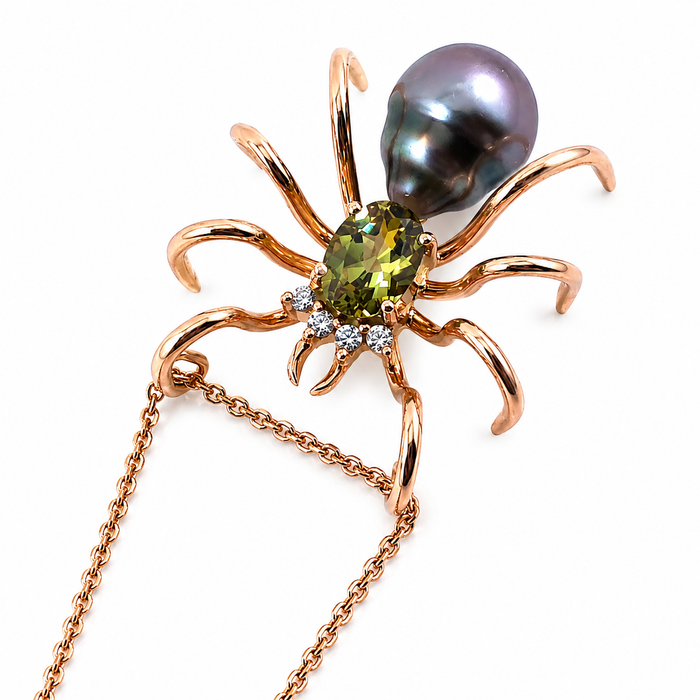 Spider arachnid insect Tahitian pearl Australian parti sapphire 14k rose gold pendant necklace