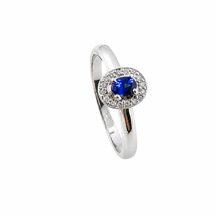 Ceylon sapphire oval and white diamond halo 14k white gold ring