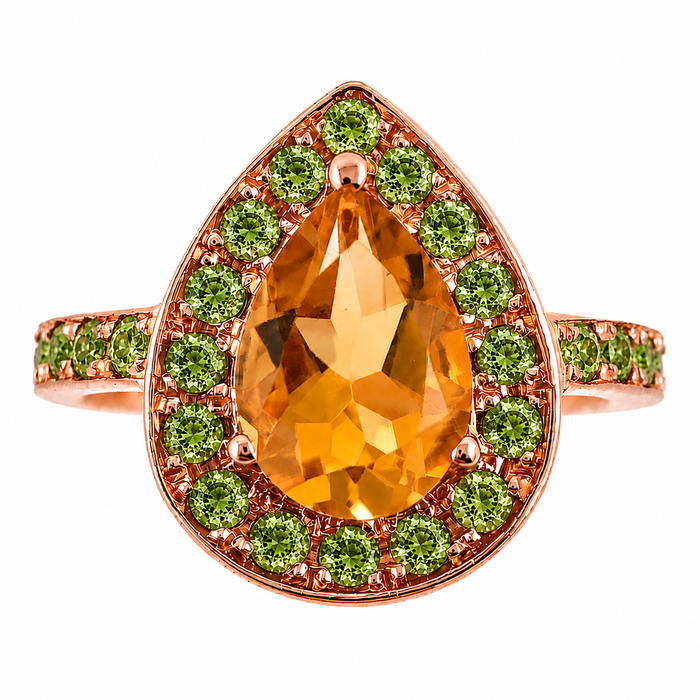 Citrine pear and emerald halo rose gold alternative engagement ring - Customise size, halo gemstones and gold colour