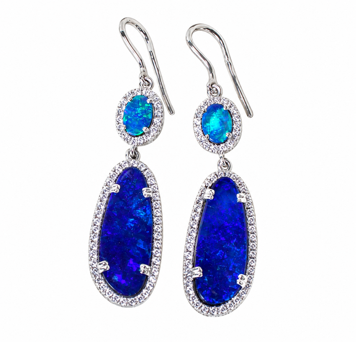 Blue opal diamond halo 925 silver dangle earrings - Ready to ship