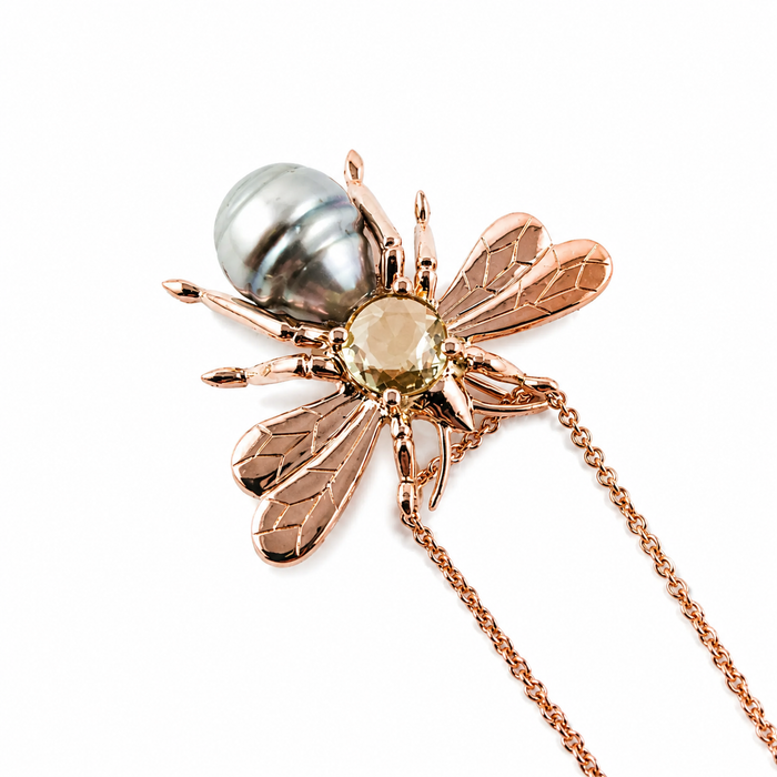 Bee insect Tahitian pearl, yellow rose cut sapphire, 14k rose gold pendant necklace