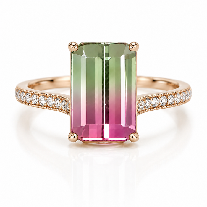 Bi color pink and green tourmaline rectangle emerald cut 3.85 carat loose gemstone