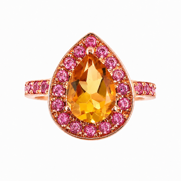 Citrine pear and emerald halo rose gold alternative engagement ring - Customise size, halo gemstones and gold colour