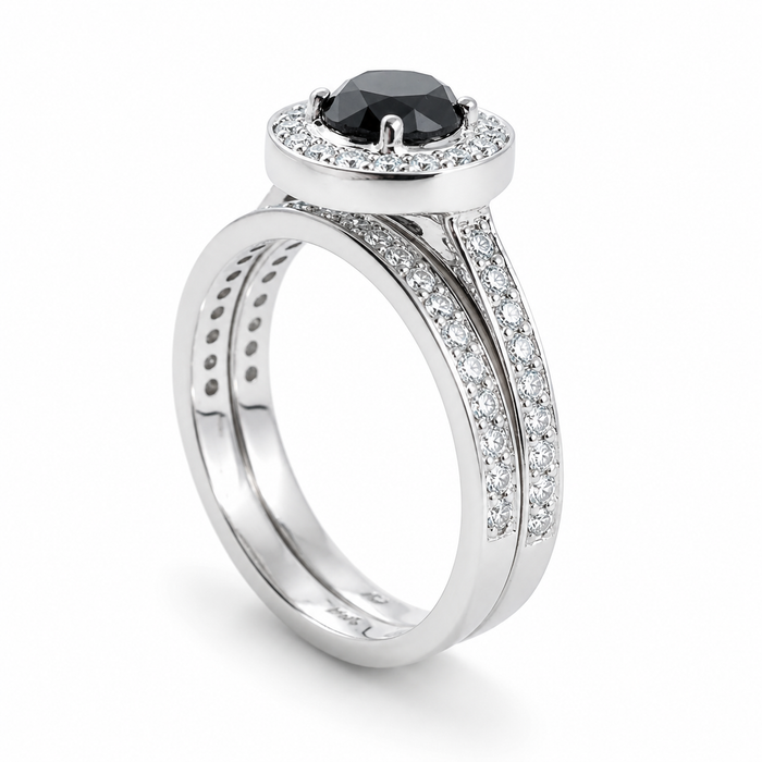 Black diamond round diamond halo 14k white gold wedding ring set