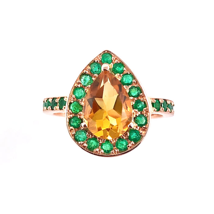 Citrine pear and emerald halo rose gold alternative engagement ring - Customise size, halo gemstones and gold colour