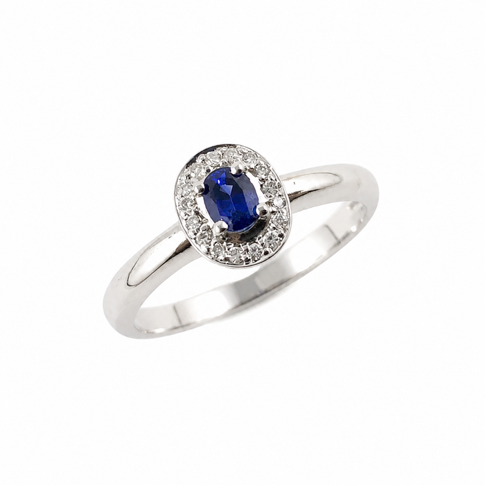 Ceylon sapphire oval and white diamond halo 14k white gold ring