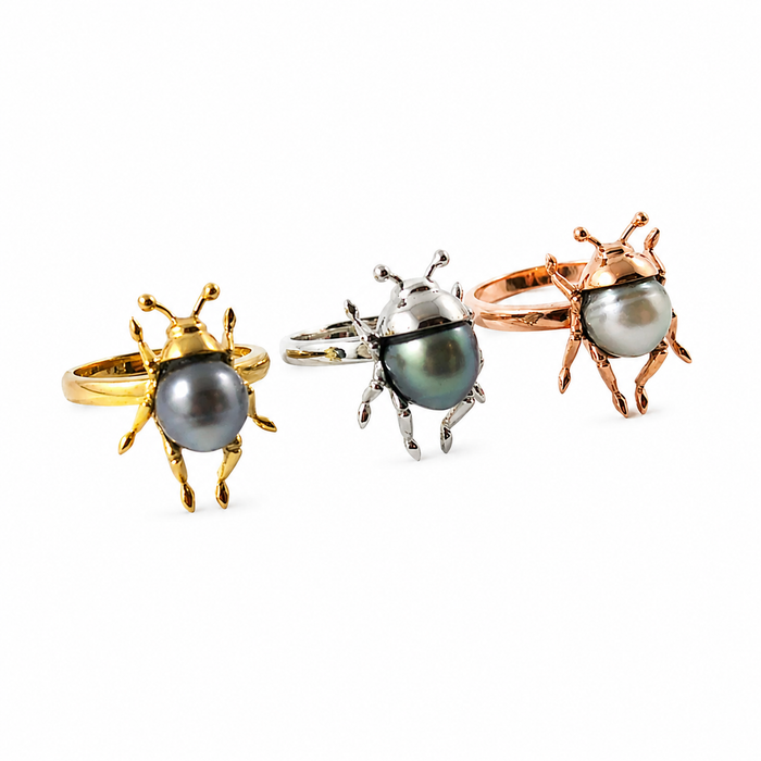 Beetle bug insect Tahitian pearl 14k white gold ring