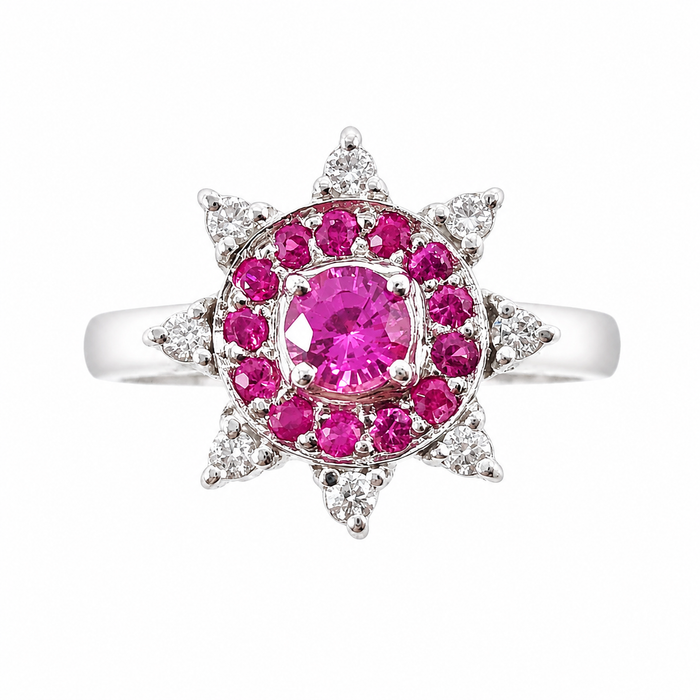 Australian pink sapphire pink ruby diamond 14k white gold flower ring
