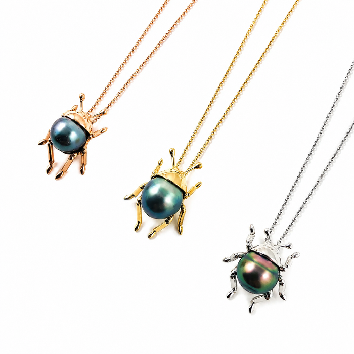 Beetle insect Tahitian pearl, 14k rose gold pendant necklace