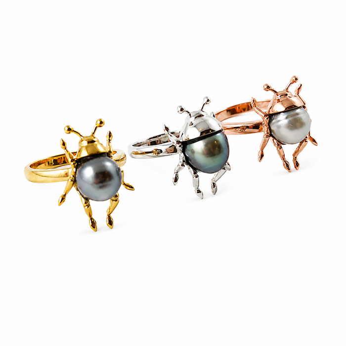Beetle bug insect Tahitian pearl 14k rose gold ring