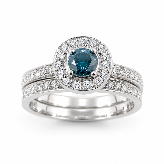 Blue diamond round diamond halo 14k white gold wedding ring set