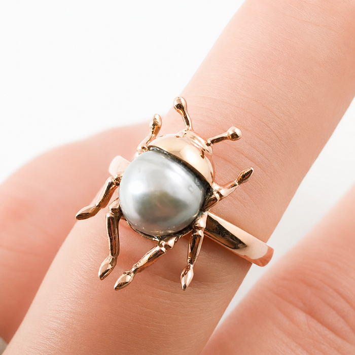 Beetle bug insect Tahitian pearl 14k rose gold ring