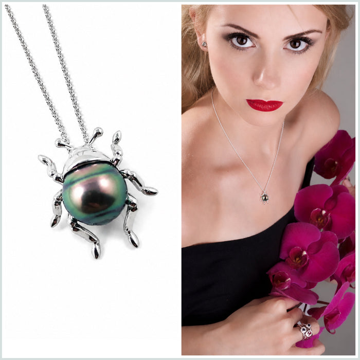 Beetle bug insect choose your Tahitian pearl and 14k gold colour pendant necklace