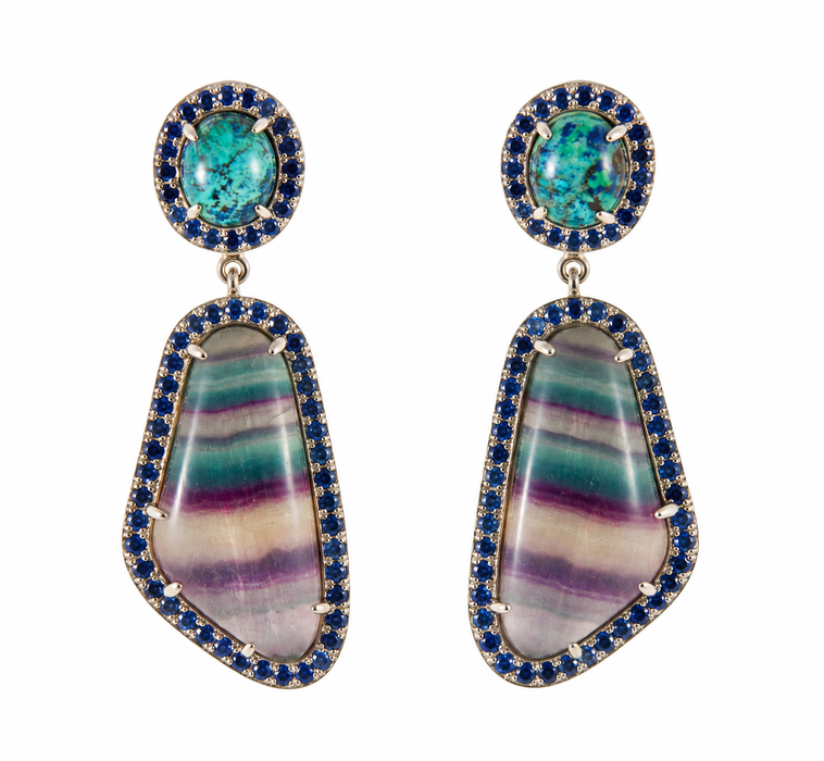 Rainbow fluorite, chrysocolla, blue sapphire halo silver dangle earrings