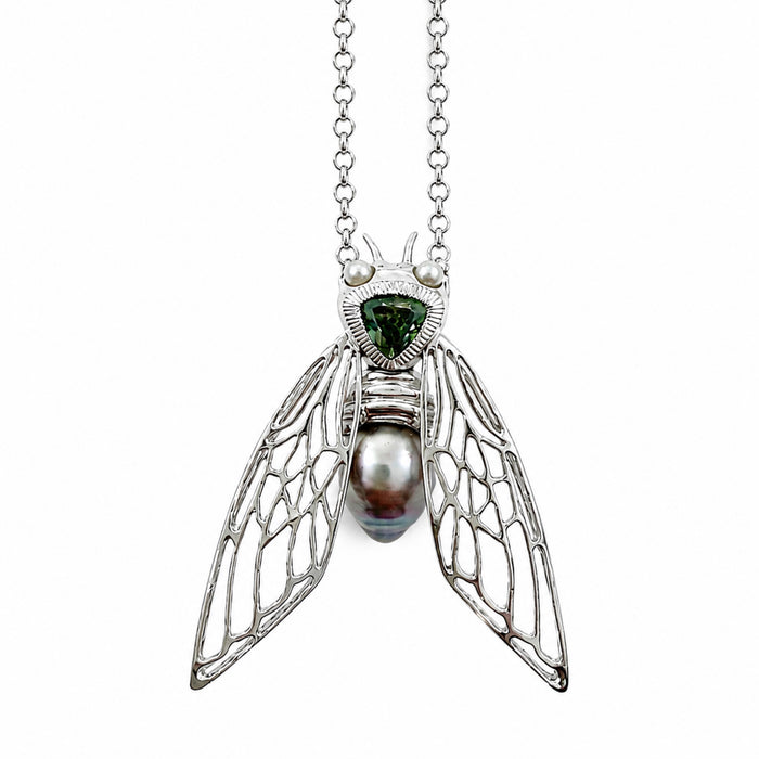 Cicada insect Tahitian pearl Australian green trillion cut sapphire rhodium plated silver pendant necklace