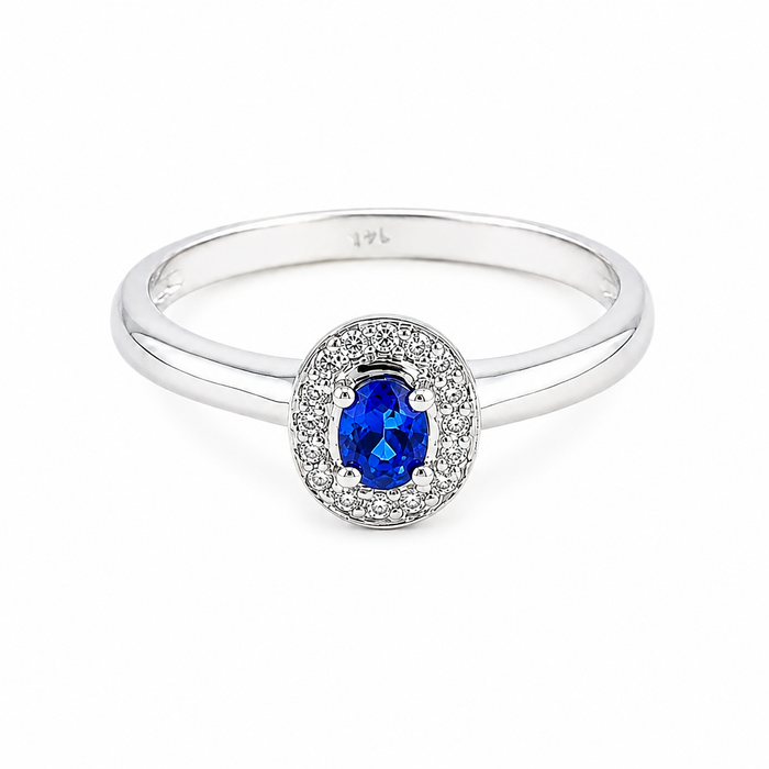 Ceylon sapphire oval and white diamond halo 14k white gold ring