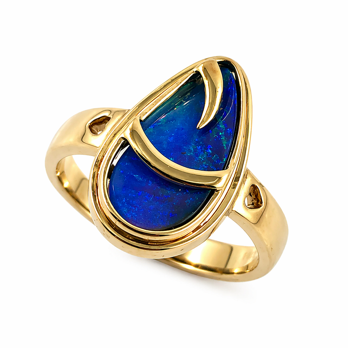 Australian blue Boulder opal organic sprout design solid yellow gold ring Size 11.5 US - Ready to ship or resize