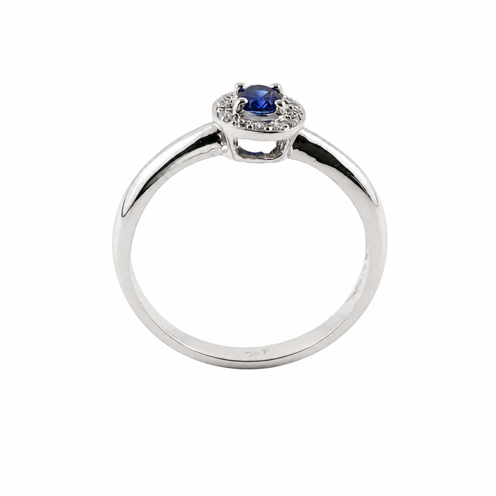 Ceylon sapphire oval and white diamond halo 14k white gold ring