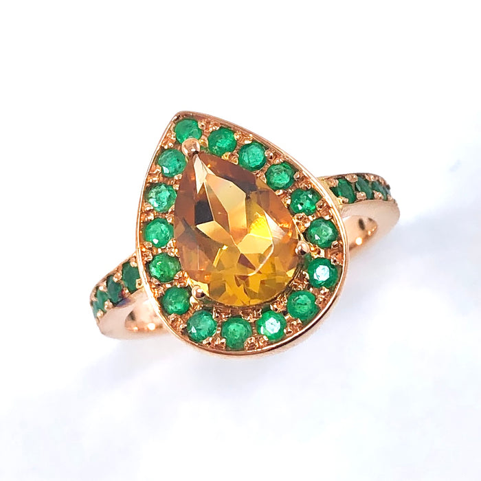 Citrine pear and emerald halo rose gold alternative engagement ring - Customise size, halo gemstones and gold colour