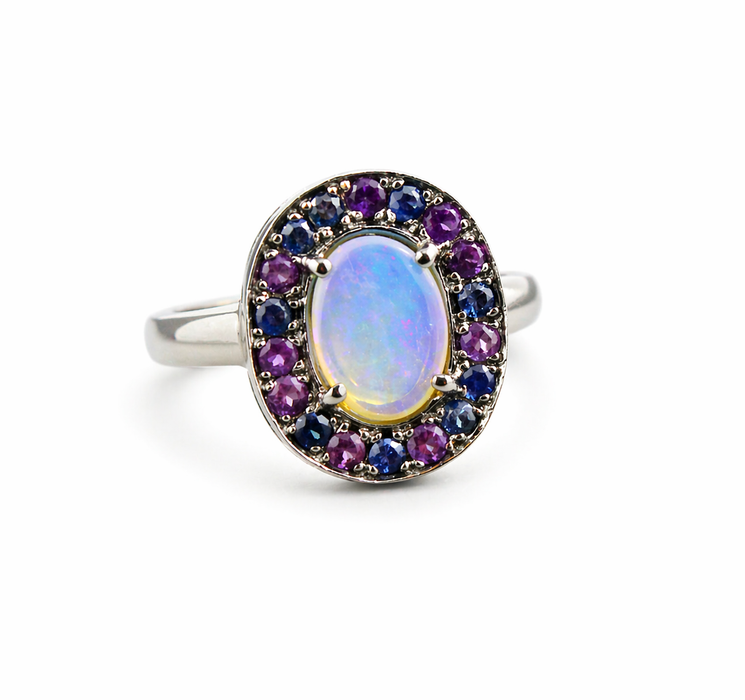 Australian jelly opal amethyst and blue sapphire halo black rhodium plated gold ring